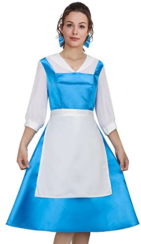 AMNPOLEN Disfraz de Bella para adultos, vestido azul de sirvienta, disfraz de princesa de belleza, Halloween, fiesta, baile, accesorios (azul 01, S)