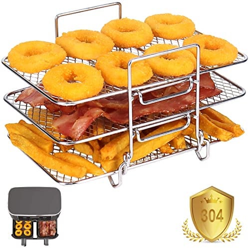 YQL Air Fryer Rack for Ninja Dual, Three-Layer 304 Stainless Steel Airfryer Shelf Dehydrator Rack, AF300UK Accessories, Stackable Air Fryer Accessories for Ninja,Tower,Salter,EMtronics Double Basket