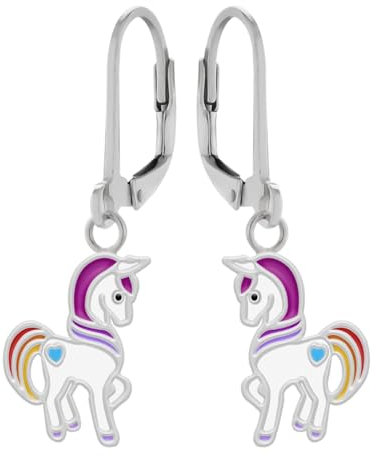 LOVE YOUR CITY Ohrringe, Ohrhänger. Kleine Einhorn Geschenke für Mädchen. Tier Schmuck für Kinder, Kinderschmuck aus 925 Sterling Silber mit bunter Emaille.
