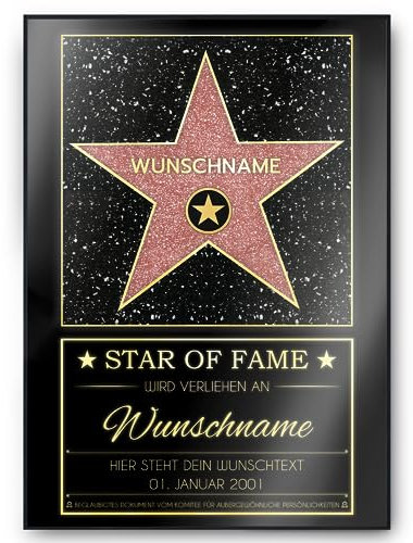 Tigerlino® Personalisierte Urkunde Hollywood Stern Walk of Fame personalisiertes Geschenk Wanddeko Dekoration Geburtstag Geschenk für Männer Frauen Anerkennung Wertschätzung Andenken