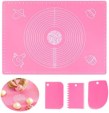 40x30cm Backunterlage Antihafte Backmatte, rutschfeste Silikon Groß Teigunterlage Ausrollmatte Silikonmatte Fondant Pizza Teigmatte Fondant Matte mit Messungen, Baking Mat mit Teigschneider(Rosa)