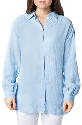 Sublevel Langarm Musselin Bluse mit Kentkragen - Damen Muselin Oversize Bluse, Baumwolle, Knopfleiste in verschienden Farben Light-Blue S/M