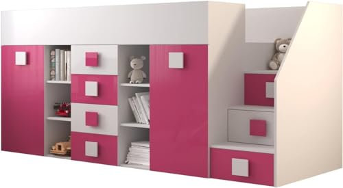 MEBLE KRYSPOL Toledo 3 Hochbett für Kinder, Jugendliche mit Stauraum - Etagenbett mit Schreibtisch, Kleiderschrank, Regal, Schubladen, Treppe - 248,5x93x123 cm - Weiß, Rosa, Weiß + Rosa