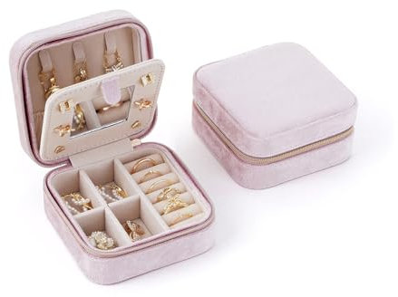 CASEGRACE Reise-Schmucketui aus Plüschsamt, kleiner Schmuck-Reise-Organizer, Präsentationsring für Ringe, Halsketten, Armbänder, Ohrringe, für Damen, Rosa