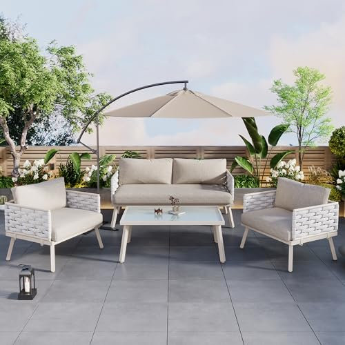 Gartenlounge-Set, Gartenmöbel-Set mit verzinktem Stahlgestell (4-teiliges Esstisch-Set, 1 2-Sitzer-Sofa, 2 Einzelstühle, 1 Tisch), Tischplatte aus Glas, Dickes PE-Rattan, Weiß, inklusive Kissen