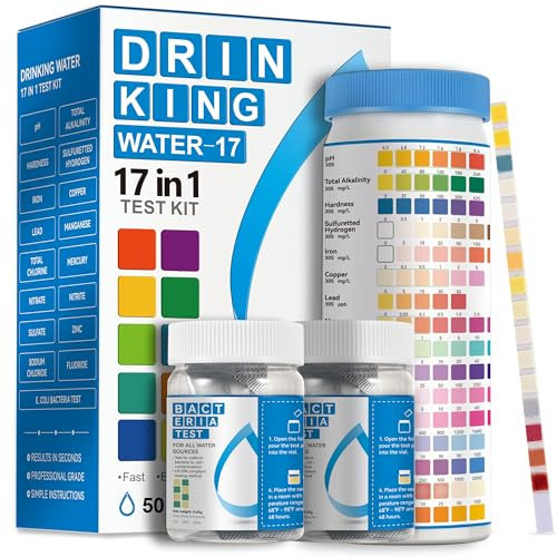 AAwipes Tiras de prueba de agua potable 17 en 1, 50 tiras + 2 kits de prueba de bacterias, kit completo de prueba de agua para el hogar, pozos, agua del grifo, agua de ciudad, tiras de prueba de
