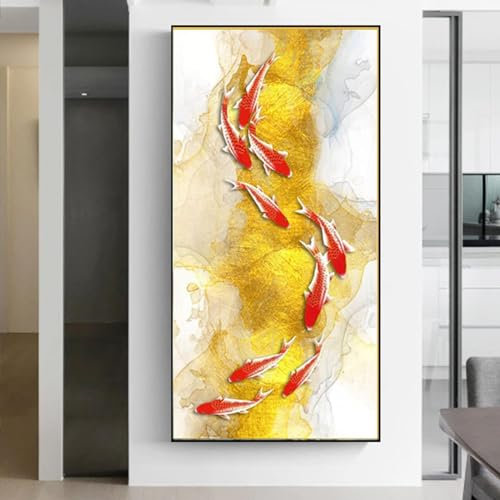 AWKFHF Roter Golden Koi-Fisch Feng Shui Bilder Leinwand Malerei Poster Kunstdruck Wohnzimmer Schlafzimmer Wand Deko (40X80CM,ohne Rahmen)