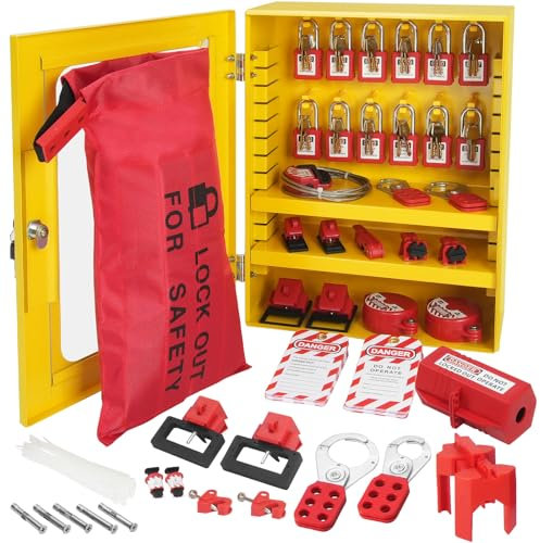 VEVOR BD-X07-D41 Electrical Kit, 59 PCS Safety Tagout Station with Padlocks, Hasps, Tags, Ties, Plug, Circuit Breaker, Valve, Cable, Lockout Bag, Box, RED