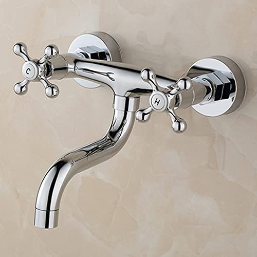 Wandarmatur Zweigriff, Hochwertiger Zweigriffarmatur, Wasserhahn Wandmontage, Bad Armatur Spültisch mit schwenkbarem Auslauf für Waschbecken, Badinstallationen, Silber 16x17x6cm