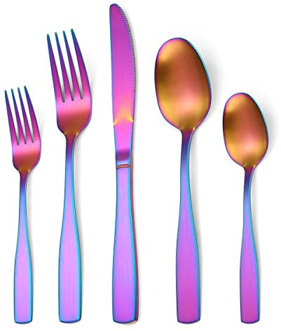 HPTHLY Mattes Tafelsilber-Set, 20-teilig, für 4 Steakmesser, Gabeln, Besteckset, Edelstahl, Goldbesteck, spülmaschinenfest, hochglanzpoliert