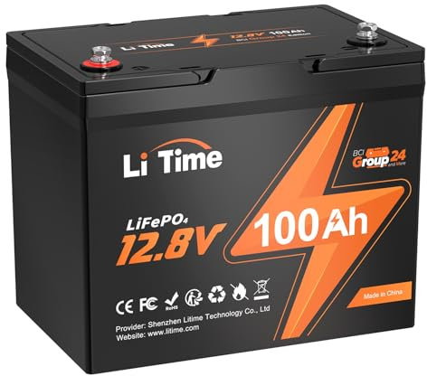 LiTime 12V 100Ah LiFePO4 Batterie Group 24, 100A BMS wiederaufladbare Lithium-Batterie 15000 Zyklen, 1.28kWh -höhere Energiedichte, perfekt für Wohnmobile, Van, Anhänger, Wohnmobil und Boote