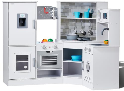 VEVOR Giocattolo Cucina per Bambini, Set Giocattolo da Cucina ad Angolo in Legno con Luci Suoni Macchina per Ghiaccio Forno Lavello Microonde Frigorifero Utensili, 24 pz, Bianco TLG81045