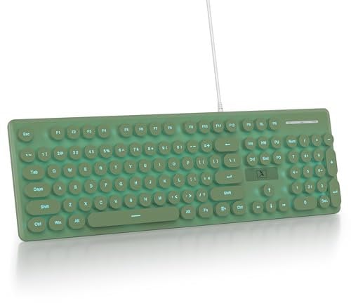 SOLIDEE Membrane Keyboard 100%,Typewriter Full Size 104 Keys,Typewriter Retro Round Keycaps Keyboard,LED Backlit Slim Keyboard with Wired Cable for PC/Win/Mac/Laptop(US Layout QWERTY)(V300 Deep Green)