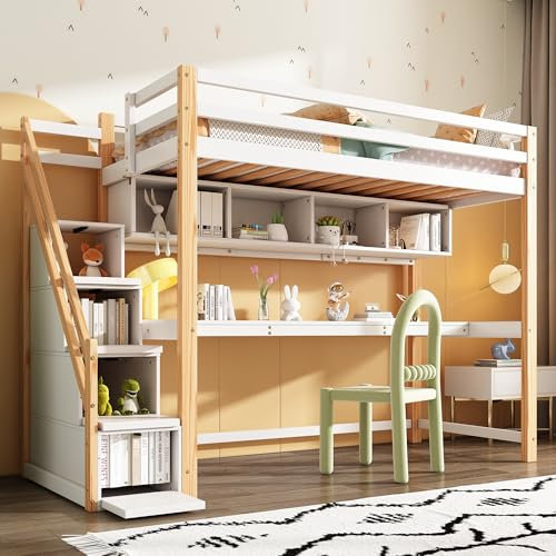 AYOROF Lettino a soppalco con scala di stoccaggio 90 x 200 cm, in legno di pino, letto a castello, culla con grande scrivania e scaffali, colori ecologici, naturale e bianco