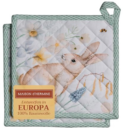 Maison d'Hermine, set di 2 presine in 100% cotone, 20 x 20 cm, con passante, resistenti al calore, per grigliare al microonde, barbecue, pentole calde, regali per la festa della mamma, primavera