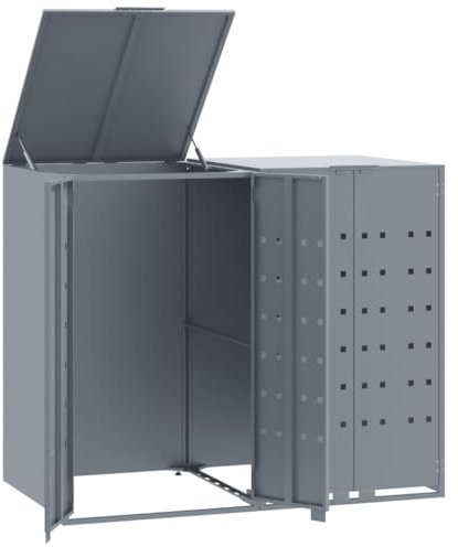 vidaXL Wheelie Bin Storage for 2 Bins, Bin Store Hideaway, Wooden Dustbin Trash Cupboard for Outdoor Garden, Wash Timber Cover, Grey Steel