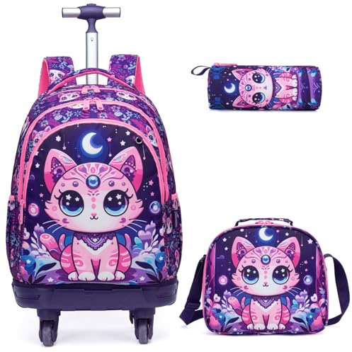 Egchescebo Zaino con Rotelle Bambina Trolley Zainetto Asilo Scuola Elementare Primaria 17” 3PCS a Media Carrello Ruote Piroettanti Valigia Ragazza Cavalcabile per Bambini Rullo Girevole Gatto Viola