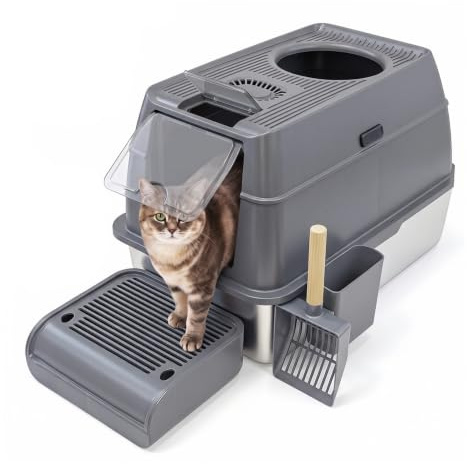 IGAD XXL Stainless Steel Cat Litter Box – High Sides, Non-Stick, Easy Clean, Odour Control, Removable Lid & Scoop (Grey Double Entry)