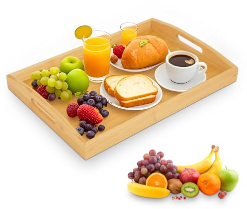 Plateau de Service en Bambou, Plateau Bois Rectangulaire avec Poignées, Plateau Repas Idéal pour Cuisine, Salon ou Décoration – Grand Plateau de Service Naturel en Bois de Qualité