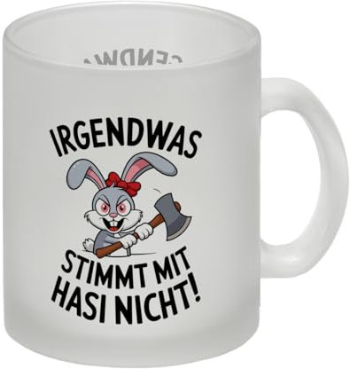 Irgendwas stimmt mit Hasi nicht! Glas Tasse mit Killer-Hase Humorvolle Tasse für den Schreibtisch - lustiges Hasengeschenk