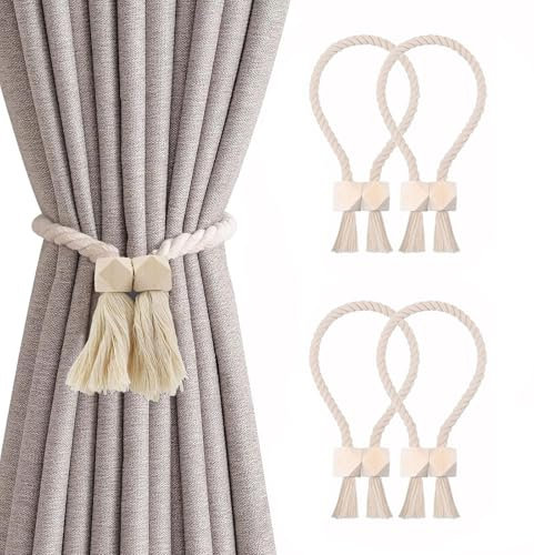 4 Stück Magnetische Vorhang Raffhalter, Gardinenhalter Raffhalter aus Holz Boho, Handgewebt Gardinen Raffhalter, Vorhanghalter, Raffhalter Magnetisch, Baumwollseil für Home Büro Gardinen Deko (Beige)