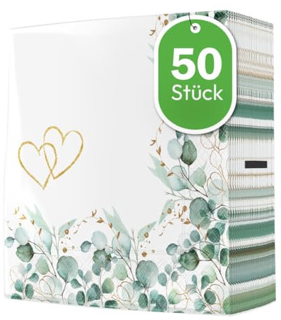 50 große stoffähnliche Servietten Hochzeit und Liebe Eukalyptus grün Bordüre Herzen als Tischdeko. Motivservietten weiß Heirat Hochzeitstag Valentinstag christlich Taufe Kirche Herz gold 40x40cm