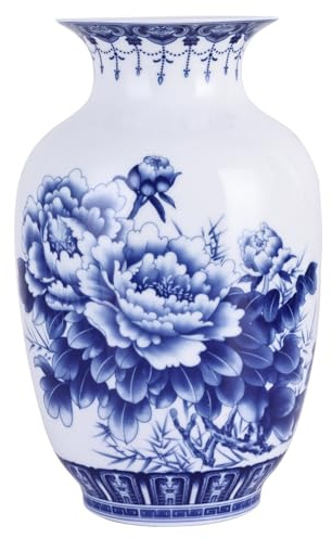 Handgefertigte blaue und weiße Porzellanvasen mit dünnem Körper, traditionelle, chinesische Chinoiserie, dünnwandig, Wintermelone, breite Öffnung, perfekt für Heimdekoration, Schreibtisch und
