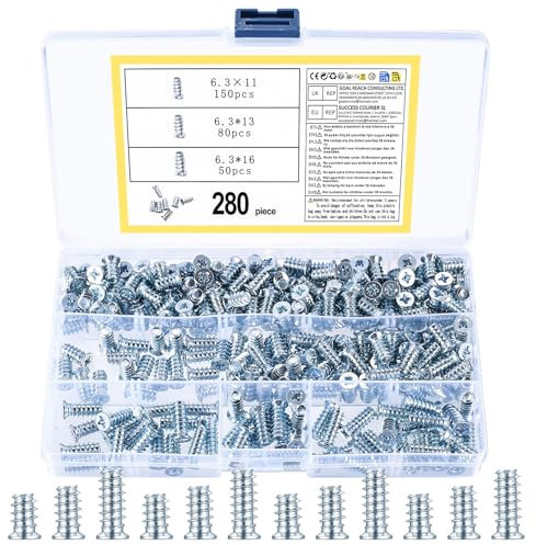 280 Pz Viti Euro, Vite Euro per Mobili, Viti Europee a Testa Svasata, Vite Filettatura Intera per Guide per Cassetti, Mobili da Cucina, Cerniere(6,3 x 11/13/16 mm)