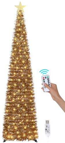 SINTENILL 6 FT Pop Up Christmas Tree with 100 LED Timer Lights & Remote, Gold Collapsible Christmas Tinsel Tree Artificial Pencil Tree Xmas Decoration for Holiday Home Office Party, USB Powered
