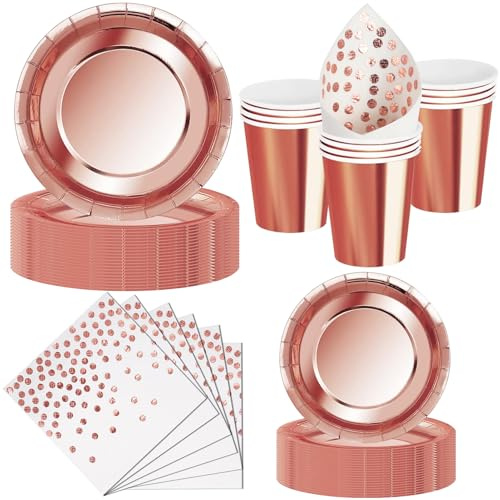 Nkaiso 50 Pcs Rose Or Assiette Jetable Anniversaire -10 invités | 10 Assiettes 23cm, 10 Assiettes 18cm, 10 Gobelets, 20 Serviettes pour Decoration Party, Baby Shower, Nationale