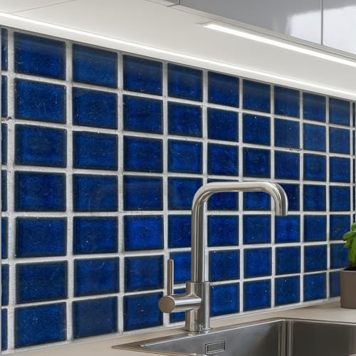 KitchenYeah© Crédence Adhésive Cuisine Résistant À La Chaleur Plaque | 60x80 cm - Adhesif Fond De Hotte Interieur Cuisson Sur Mesure Mosaïque - Carreaux - Brillant - Bleu