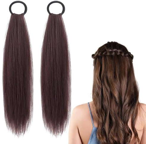 2 Stück Hellbrauner Zopf Extension, Ponytail Extension, 45cm Haarteil Zopf Für Damen, Ausgestattet mit Gummibändern, einfache Installation, natürliches Styling, geeignet für Frisur, Alltag und Party