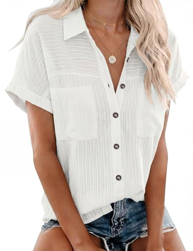 Rapbin Womens Blouses Short Sleeve V Neck Button Down Shirts with Pockets | Lightweight Breathable Summer Casual Tops for Work Holiday