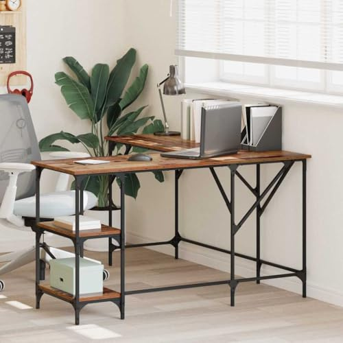 VIHHQGC Bureau en forme de L en bois recyclé 139 x 139 x 75 cm avec pieds en acier et étagères réglables pour le bureau à domicile et les projets créatifs, table industrielle robuste