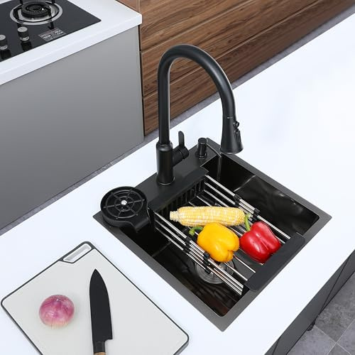 Faizee Home | Hydro Edelstahlspüle 45 x 45 cm – Einbauspüle mit ausziehbarer 360° Armatur, Seifenspender & Zubehör | Modernes Küchenspülbecken mit Armatur