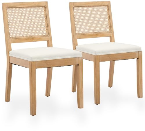 SEEDWAVE Esszimmerstühle 2er Set Küchenstuhl mit Rattan Rückenlehne, Massivholzbeine mit Filzfüßen, Gepolsterter Leinen Sitz, Boho Landhausstil (Holzfarbe Beige)