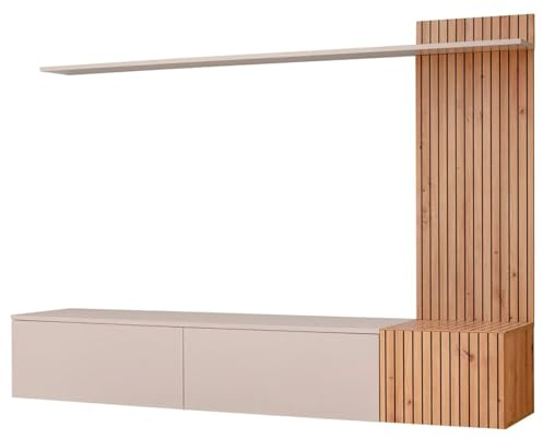 Parete Attrezzata Sospesa Mobile Porta TV 3 Ante Ribalta Push Open Pannello Doghe Verticali Mensola Soggiorno Living Nordico Scandinavo Salvaspazio Design Moderno 180 x 40 x 130 Cm (Cashmere e rovere)