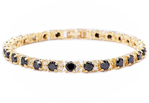 RIVA Ewigkeit Tennis Armband [18cm/7inch] mit Rundschliff Edelstein Zirkonia CZ [Schwarz Onyx] in 18K Gelbgold Vergoldet, Einfache Moderne Eleganz