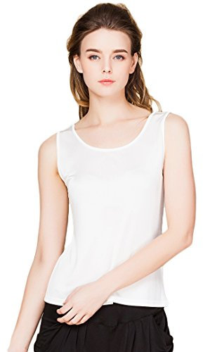 Maedchen Reiner Seide Tops Aermellos T-Shirt Rundhals Vest Weiss L