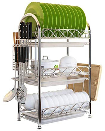 Multifunctional kitchen storage rack Dish Drainers Racks with Drainboard Kitchen Stainless Steel Dish Drying Racks Plate Rack Chopstick Holder and Cutting Board Attachment 3 Tier