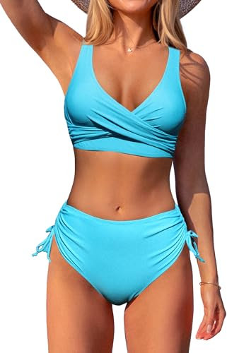 Beachsissi Damen Hoch taillierte Badeanzüge Criss Cross Drawstring Side Bikini Sets Lace Up 2 Stück Badeanzüge, Blau, L