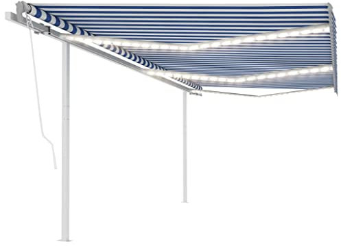 vidaXL Manual Retractable Awning with LEDs 6m x 3m - Water/UV Blue/White Polyester for Outdoor Garden, Patio Shade