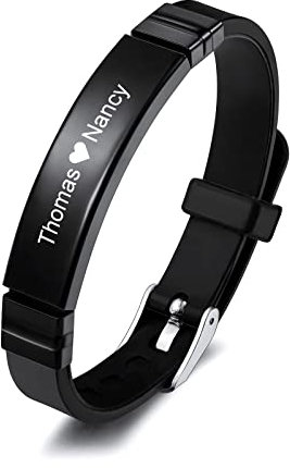 INBLUE Bracciale con Targhetta Personalizzata Nome/Citazione Targhetta in Acciaio Inossidabile Bracciale Regolabile in Silicone per Uomo Donna (Cinturino nero e Etichetta nera 2)