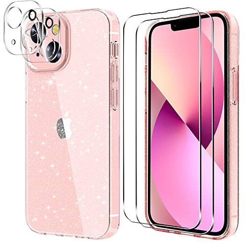 iLieber Handyhülle für iPhone 13 Hülle mit Schutzfolie, 1 Hülle 2 Schutzfolie 2 Kameraschutz Ultra Transparent Glitzer Slim Dünn Kratzfest Schutzhülle 9H Folie für iPhone 13(Pink)