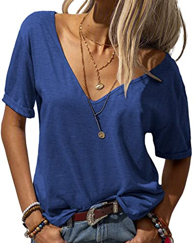 Tankaneo Damen Mode tief V-Ausschnitt Kurze Ärmel Tops Solide Lässig Lose Basic T Shirt Juwelenblau L