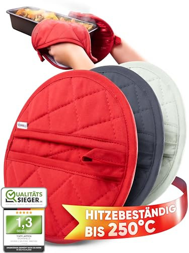 WOHNHELD® Topflappen Set | Extrem hitzebeständig bis 250 °C | Hochwertige & weiche Baumwolle | Ofenhandschuhe Topfuntersetzer Rot