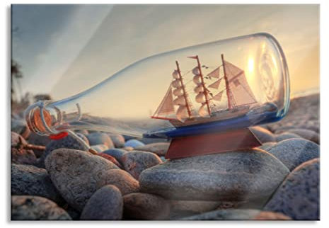 Pixxprint Glasbild, Wandbild aus Echtglas, Flasche mit Schiff, 60x40 cm, inkl. Aufhängung und Abstandshalter