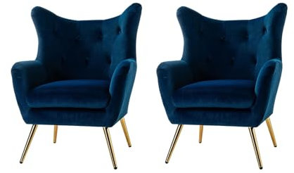 HULALA HOME Sessel gemütlich Ohrensessel gepolstert mit goldenen Metallbeinen Lesesessel bequem Loungesessel aus Samt für Wohnzimmer Schlafzimmer 2er Set, Blau
