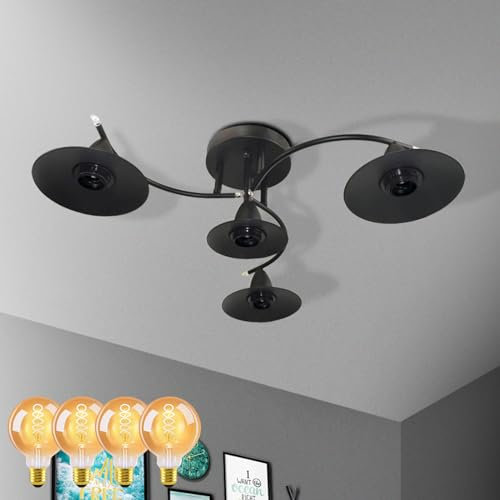 GBLY Deckenlampe Vintage Deckenleuchte mit 4 × E27 G95 Spiralförmigen GlühfädenGlühbirne Retro Schwarz Wohnzimmerlampe Industrial Flurlampe Schlafzimmerlampe Esszimmerlampe Wohnzimmer Beleuchtung