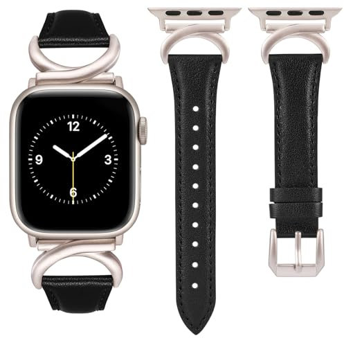 TOYOUTHS Lederarmband kompatibel mit Apple Watch Armband 41mm 40mm 38mm 42mm Damen, Schlank Elegant Dressy Armbänder mit C-förmiger Schnalle für iWatch 10/9/8/7/SE/6/5/4/3/2/1, Schwarz/Polarstern